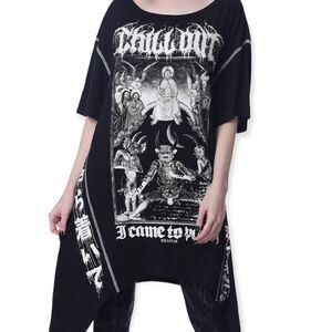 Black Short Sleeve Long Asymmetric Hem Graphic Tunic Top by Killstar